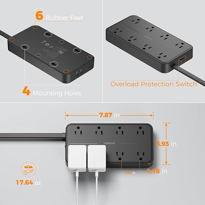 2000J Surge Protector Power Strip, TESSAN 5 FT Extension Cord