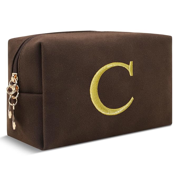 Personalized Initial Makeup Bag,Preppy Suede Cosmetic Bag for Teen Girls,Small Monogram Travel Toiletry Bag With Gold Embroidered Letter,Trendy Stuff Custom Christmas Gift for Women(Coffee-C)