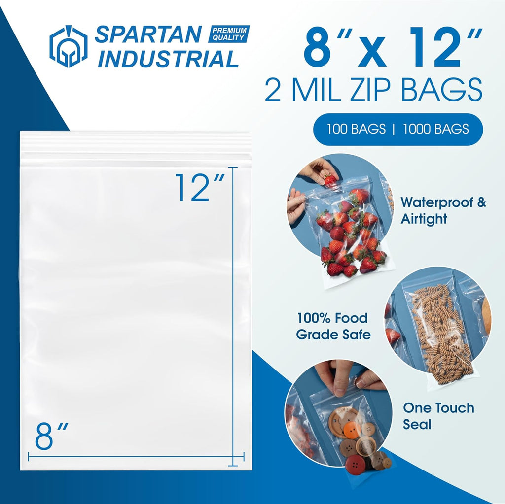 Spartan Industrial - 8” X 12” (1000 Count) 2 Mil Clear Reclosable Zip Plastic Poly Bags with Resealable Lock Seal Zipper