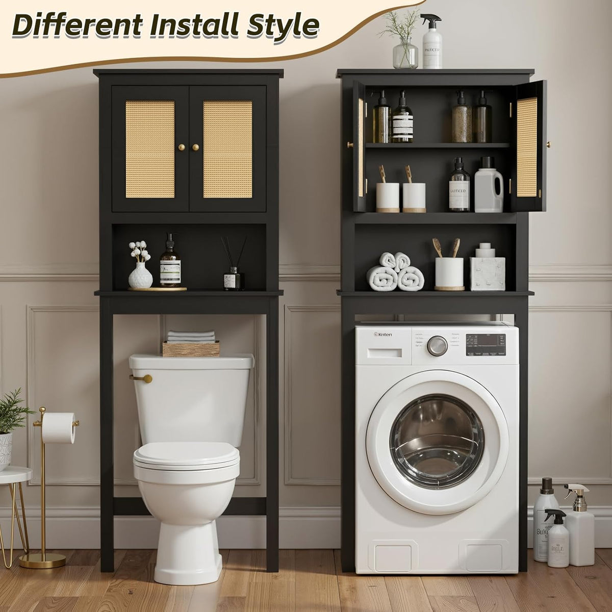 Over The Toilet Storage Cabinet, Behind Toilet Bathroom Organizer with Adjustable Shelves, Above Toilet Organizers with Barn Door, Space Saver for Restroom, Bathroom, Laundry