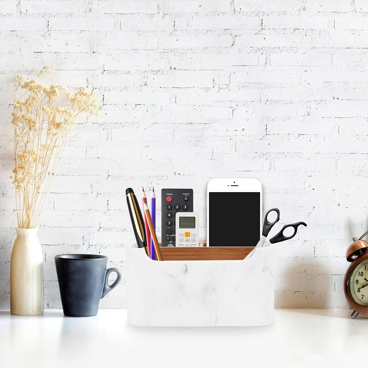 Desk Organizers, Marble Remote Holders for Table, Modern Office Controller Pen Phone Holder Organizer, Stylish Caddy and Storage Accessories for Bedside Nightstand Desktop Coffee Table