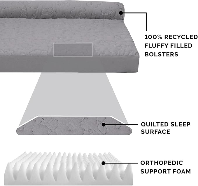 Furhaven Orthopedic Dog Bed for Large Dogs w/ Removable Bolsters & Washable Cover, For Dogs Up to 95 lbs - Pinsonic Quilted Paw L Shaped Chaise - Titanium, Jumbo/XL