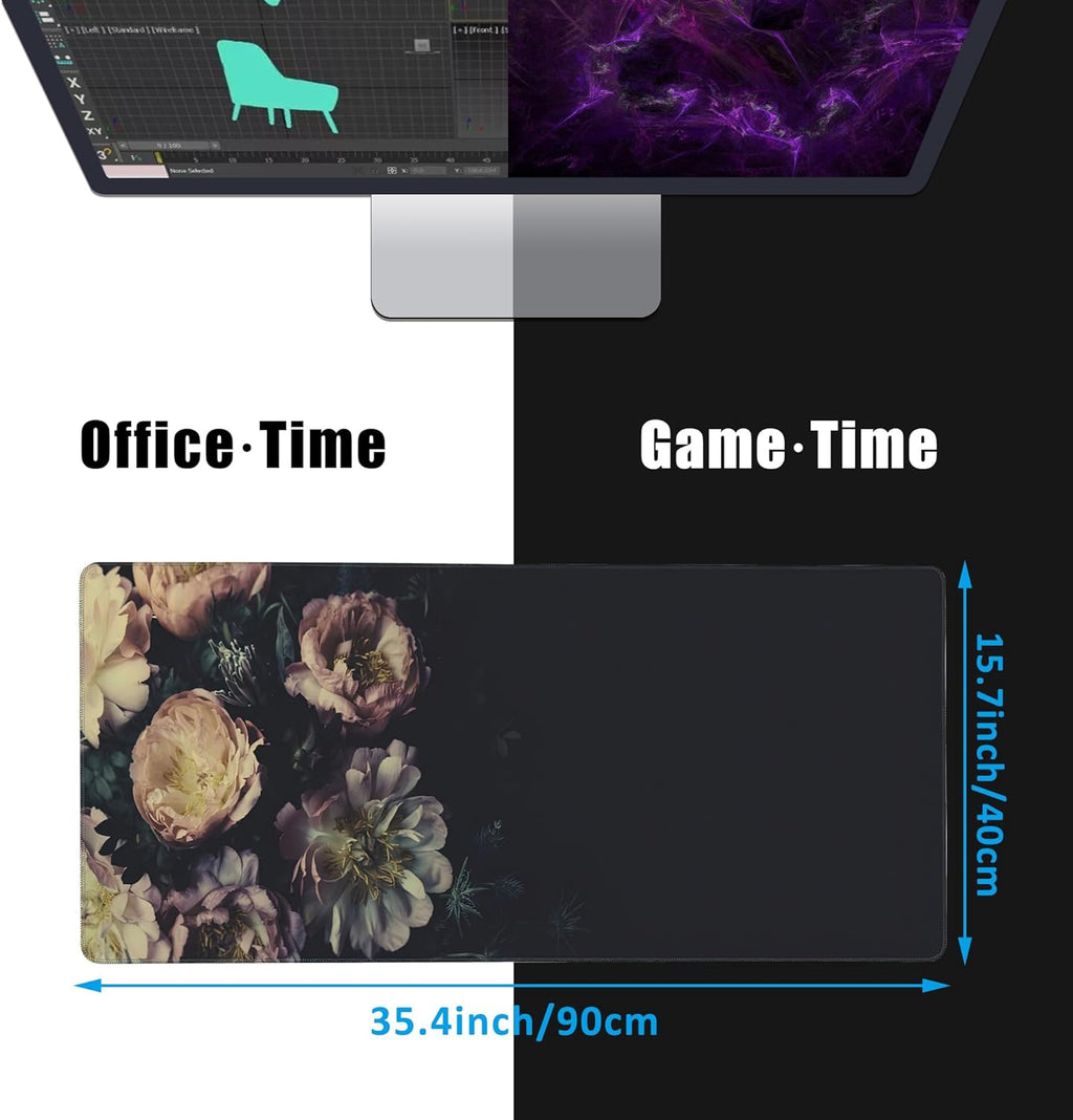 Mouse Pad,Vintage Peonies Desk Mat for Desktop,Desk Pad with Non-Slip Base and Stitched Edge,Extended Mousepad for Office and Home 35.4X15.7 Inch