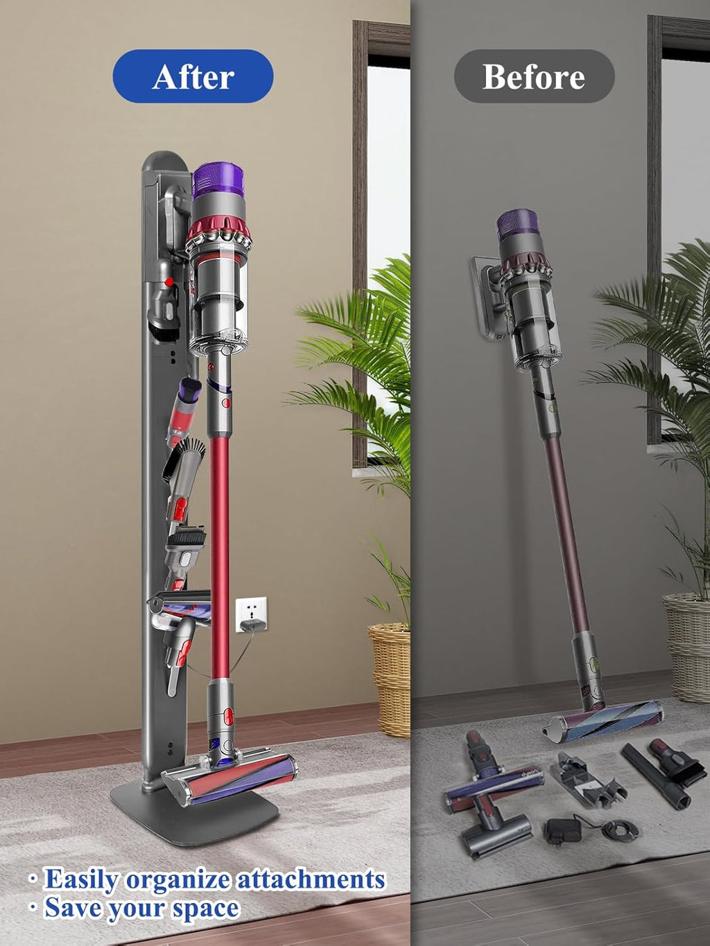 Sturdy Metal Vacuum Stand Compatible with Dyson Gen5 V15 V12 V11 V10 V8 V7 V6, Freestanding Bracket Standing Holder with Hidden Cable Design, Space-Saving Storage Rack for Cordless Vacuums
