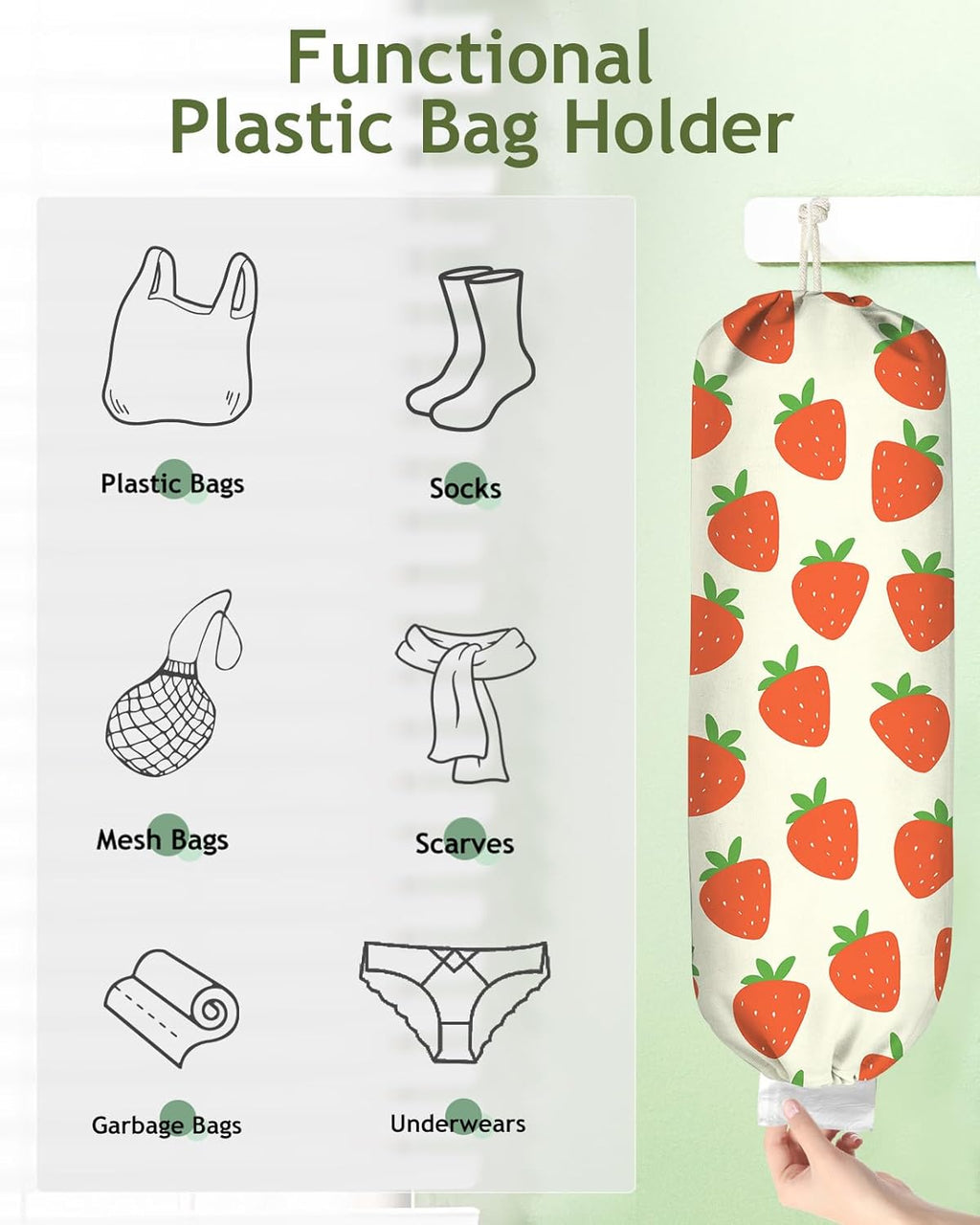 Plastic Bag Holder, Grocery Bag Organizer - 1 Pack Cute Kitchen Dispenser Holders Reusable Shopping Western Hanging Wall with Adjustment Drawstring Closure for Women Home, Strawberry