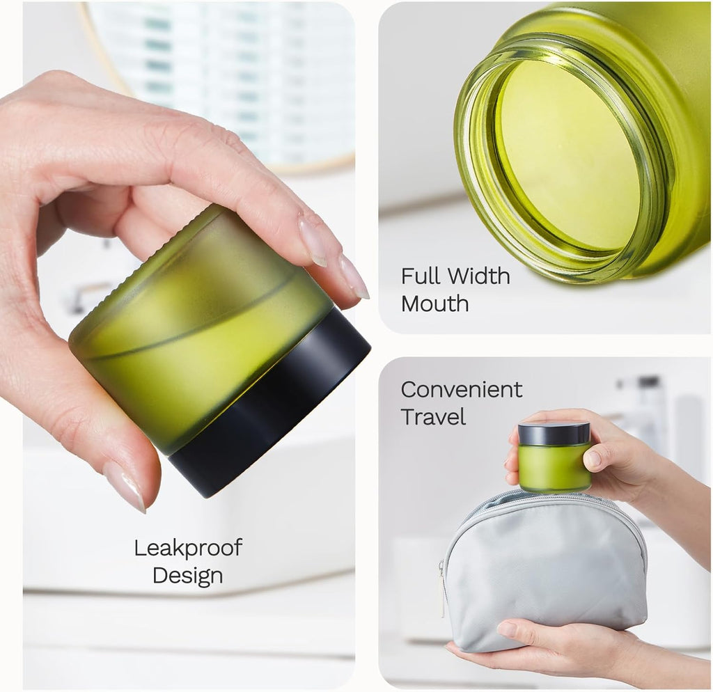 2 oz Small Glass Jars with Lids, Bumobum 48 pack Round Green Glass Candle Jars with Black Lids, White Labels & Inner Liners, Empty Cosmetic Containers for Cream, Lotion, Slime, Ointment