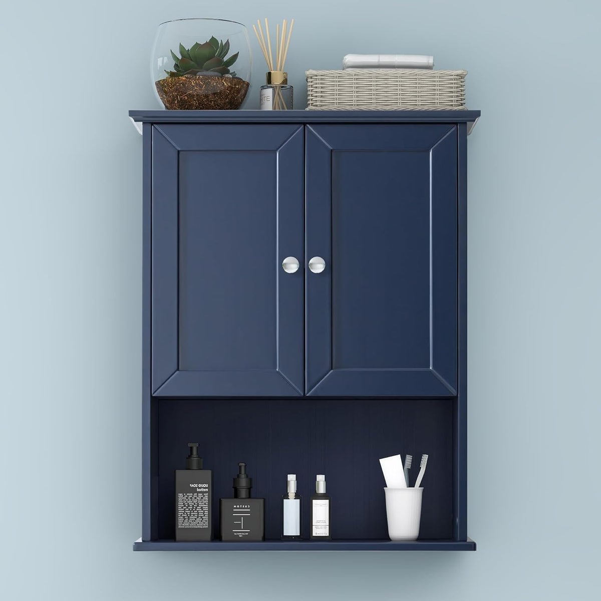 Bathroom Wall Cabinet Navy Blue Over Toilet Storage Cabinets 24x30 in Above Toilet Wood Medicine Cabinets Wall Mounted Bathroom Cabinet with 2 Door & Adjustable Shelf