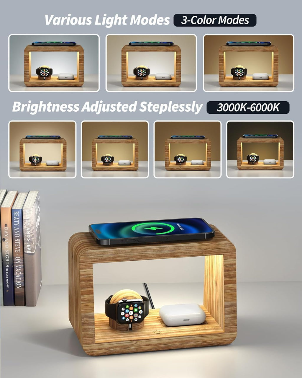 Bamboo Wireless Charging Station: 4-in-1Wireless Charger with Night Lights - Fast Charging Stand Compatible with iPhone 17/16/15/14/13/12 Pro Max/X/Xs Max/8, AirPods Pro, Watch Series