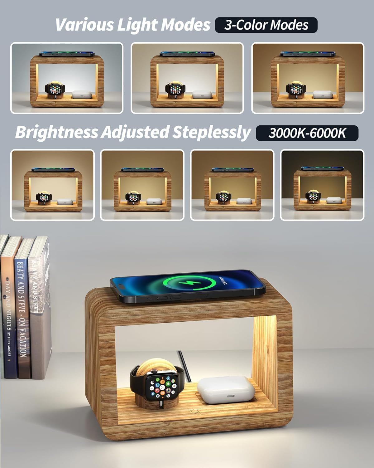 Bamboo Wireless Charging Station: 4-in-1Wireless Charger with Night Lights - Fast Charging Stand Compatible with iPhone 17/16/15/14/13/12 Pro Max/X/Xs Max/8, AirPods Pro, Watch Series