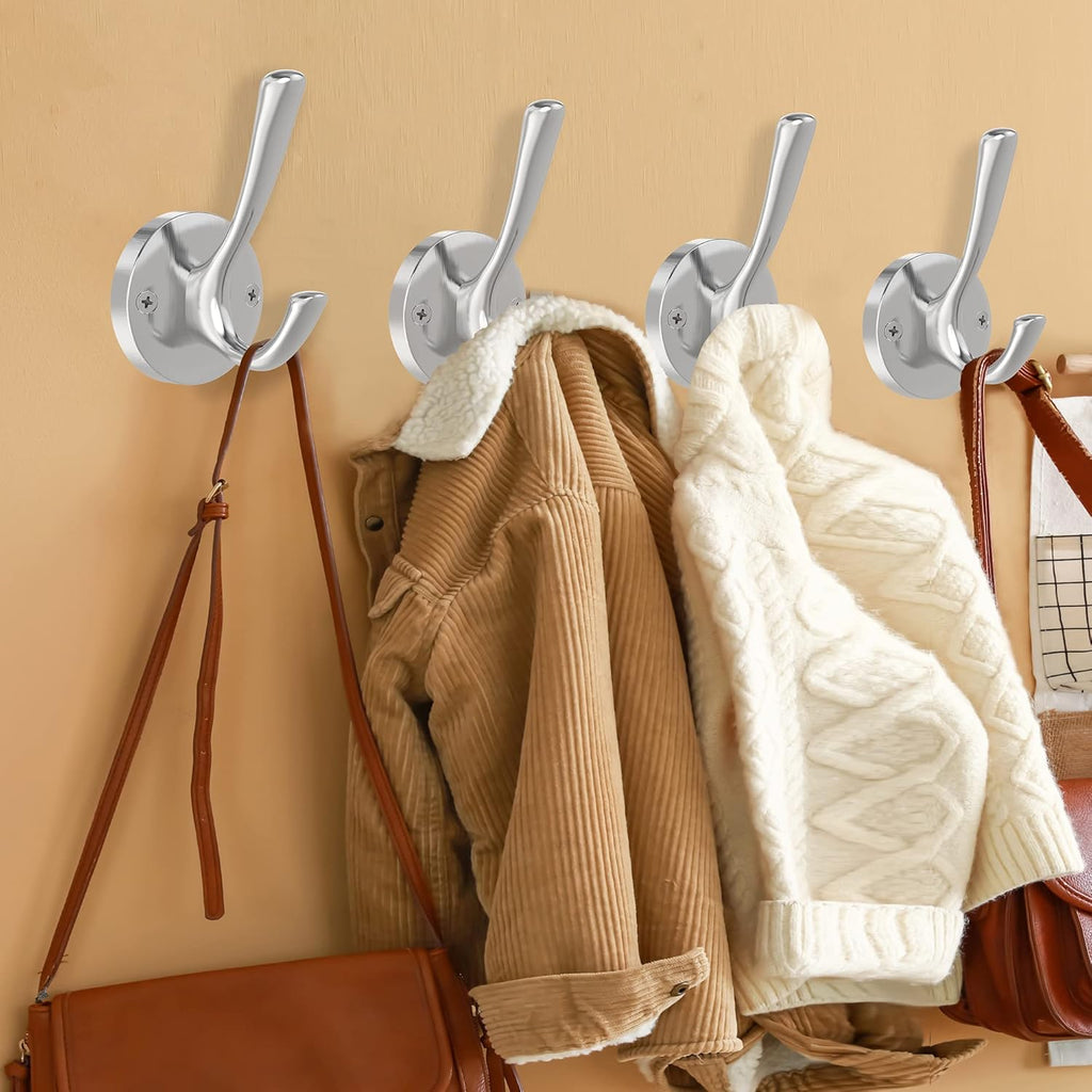 Brushed Nickel Wall Hooks, 4 Pack Heavy Duty Coat Towel Hook Metal Double Hook Wall Mounted Hanging, Bath Towel Hooks for Entryway Cubicle Bathroom Closet Garage
