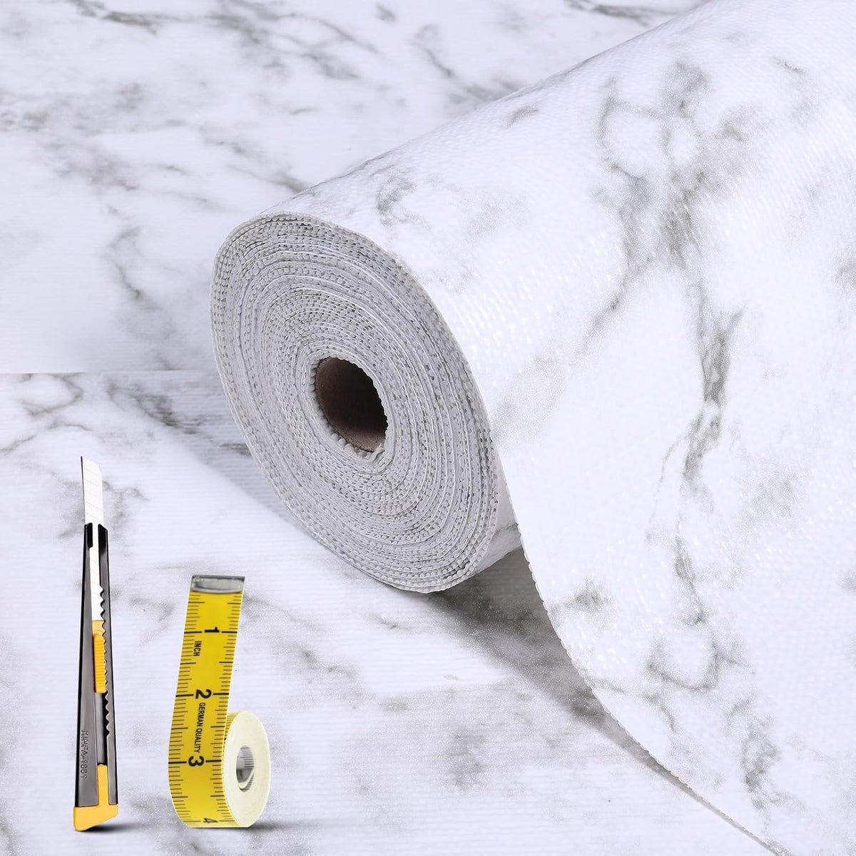 2-Layer Drawer and Shelf Liner for Kitchen Cabinet: 35.4 in X 19.69 Ft Non Slip Waterproof Shelf Paper Non Adhesive Refrigerator Liners White Marble Easy Liners for Bathroom with Knife Tape Measure