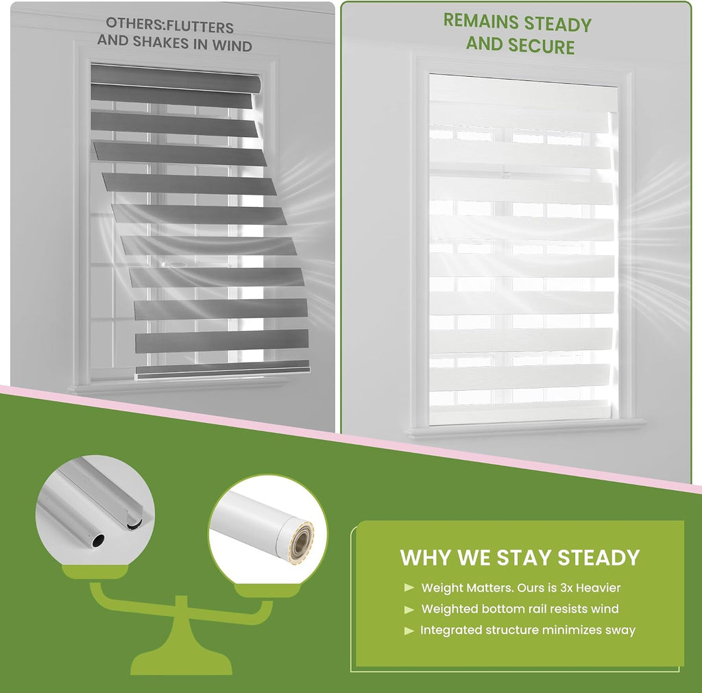 Cordless Zebra Blinds for Windows, Pure White, 58" W x 72" H | Dual Layer Light Control for Day and Night,Light Filtering & Blackout Window Blinds,Easy to Install Zebra Blind for Home