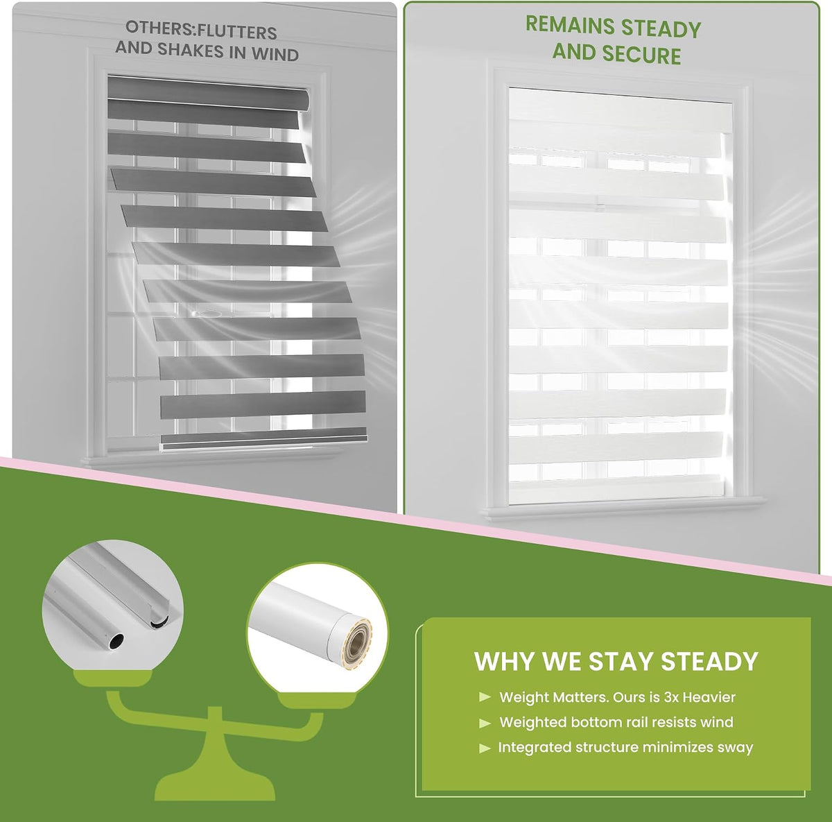 Cordless Zebra Blinds for Windows, Pure White, 58" W x 72" H | Dual Layer Light Control for Day and Night,Light Filtering & Blackout Window Blinds,Easy to Install Zebra Blind for Home