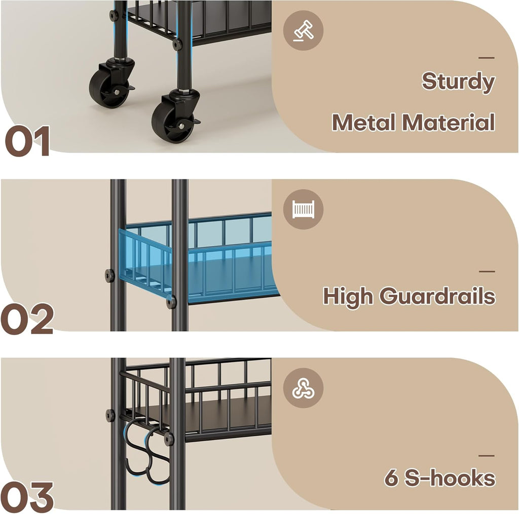 6 Tier Slim Storage Cart with Wheels, Metal Mobile Shelving Unit Organizer Utility Cart for Office Bathroom Kitchen Laundry Room Narrow Places (10inches)