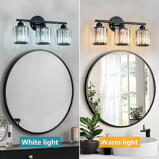 FDPBY Modern 3 Light Crystal Vanity Light, Plating Black Vertical Bathroom