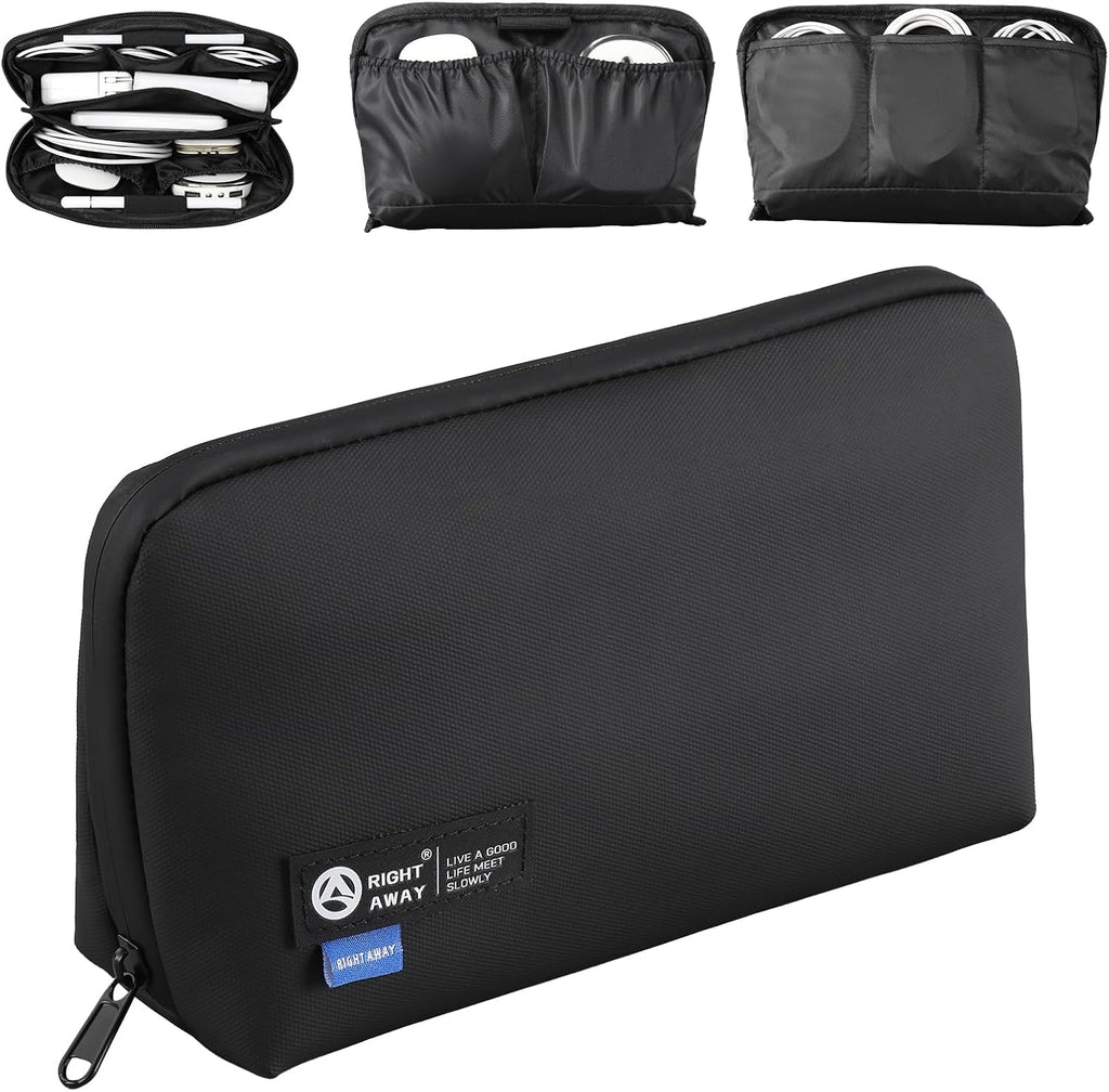 RIGHT AWAY Travel Tech Pouch，Waterproof Cord Case，Electronics Organizer Travel Case，Cable Organizer Storage Bag For Phone, Charger, Accessories(BLACK)
