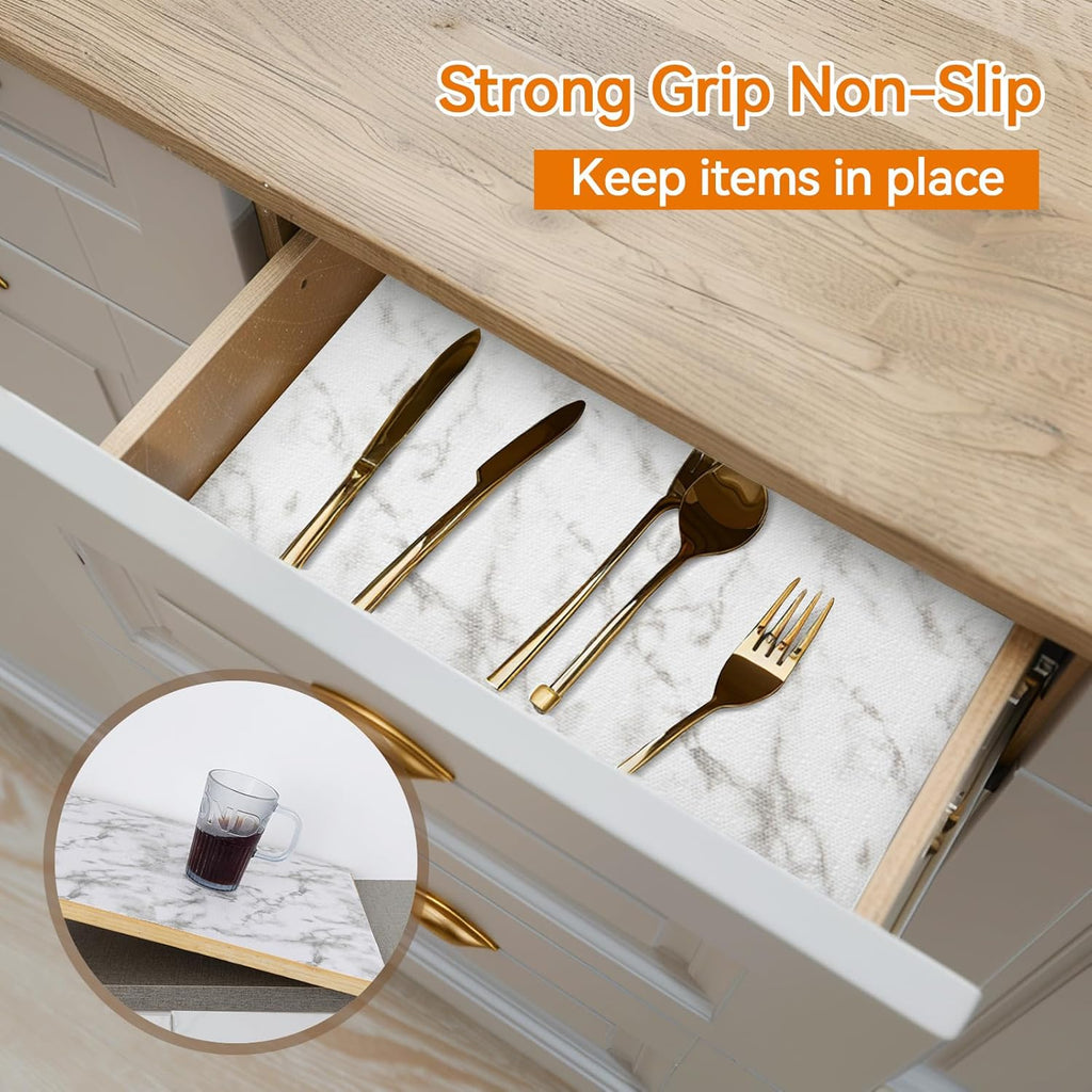 Shelf and Drawer Liner for Kitchen Cabinets Non-Adhesive, Strong Grip Non-Slip Thickened Cabinet Liners for Shelves, Waterproof Mats for Dresser Cupboard, Marble, 24 in x 20 Feet