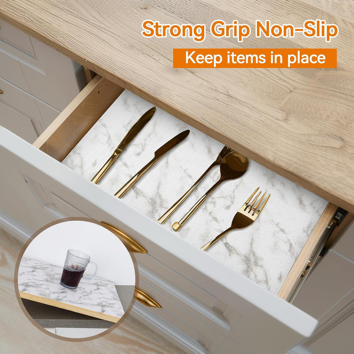 Shelf and Drawer Liner for Kitchen Cabinets Non-Adhesive, Strong Grip Non-Slip Thickened Cabinet Liners for Shelves, Waterproof Mats for Dresser Cupboard, Marble, 12 in x 20 Feet