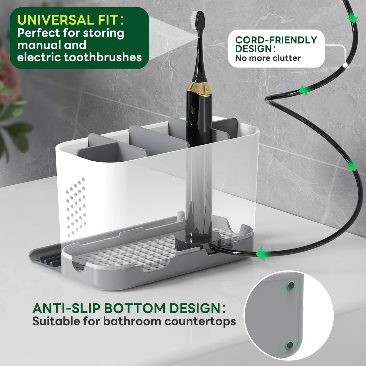 Toothbrush Holders for Bathrooms, Adjustable 6 Slots Electric Toothbrush and Toothpaste Holder, Cord-Friendly Detachable Bathroom Countertop Organizer with Front Ledge for Phone and Ring Holder