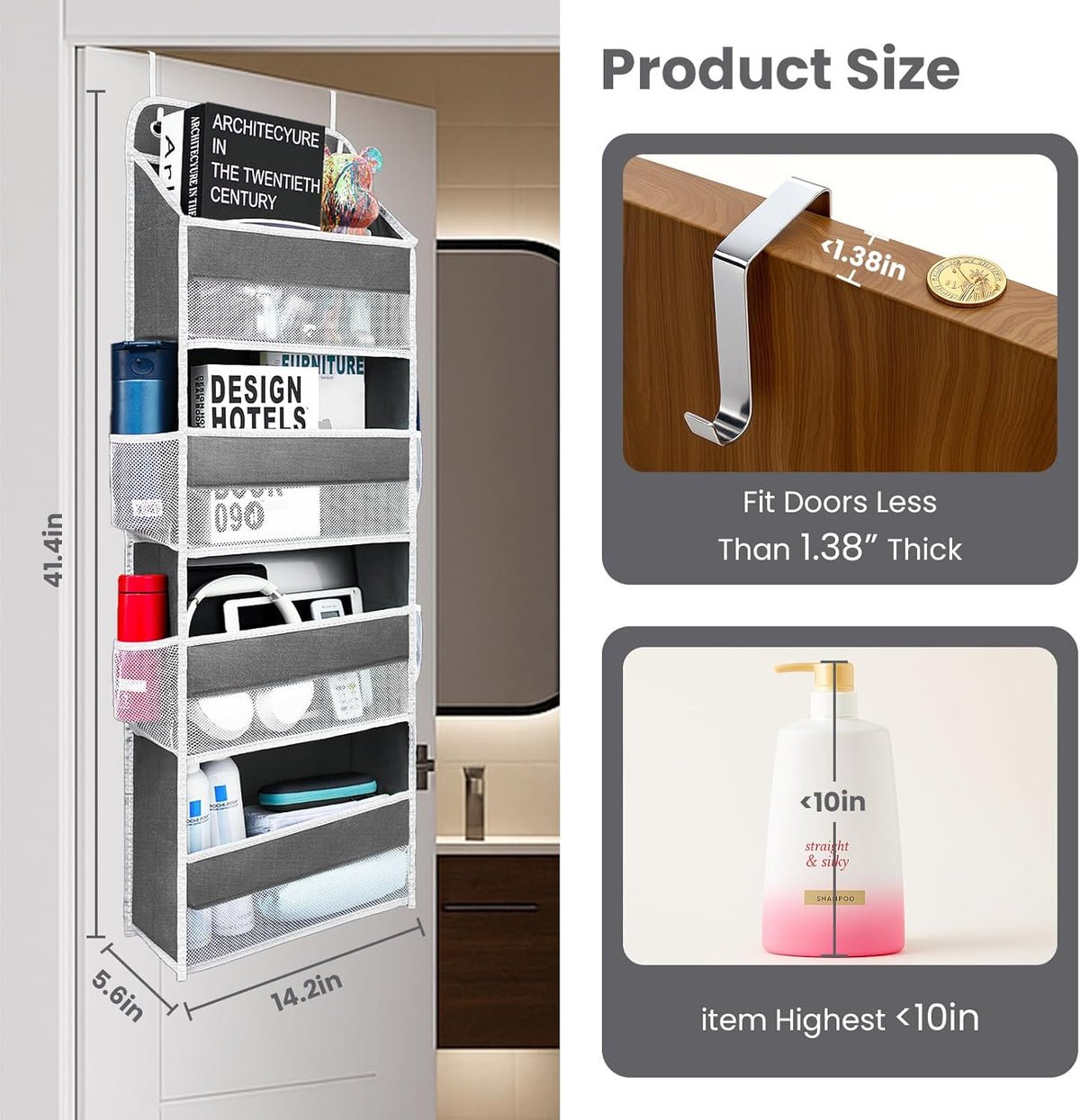 Kitchen Organizers and Storage with 4 Side Mesh Pockets, 44lb Weight Capacity Hanging Behind The Door Storage Suitable for Storing Toys, Shoes, Towels, Dark Grey, 4 Shelf