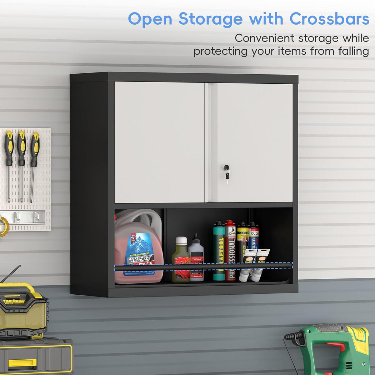 Metal Garage Cabinets, Lockable Storage Cabinet, Metal Cabinet with Open Storage, Upper Tool Cabinet for Basement, Wall Mounted Cabinets for Shop