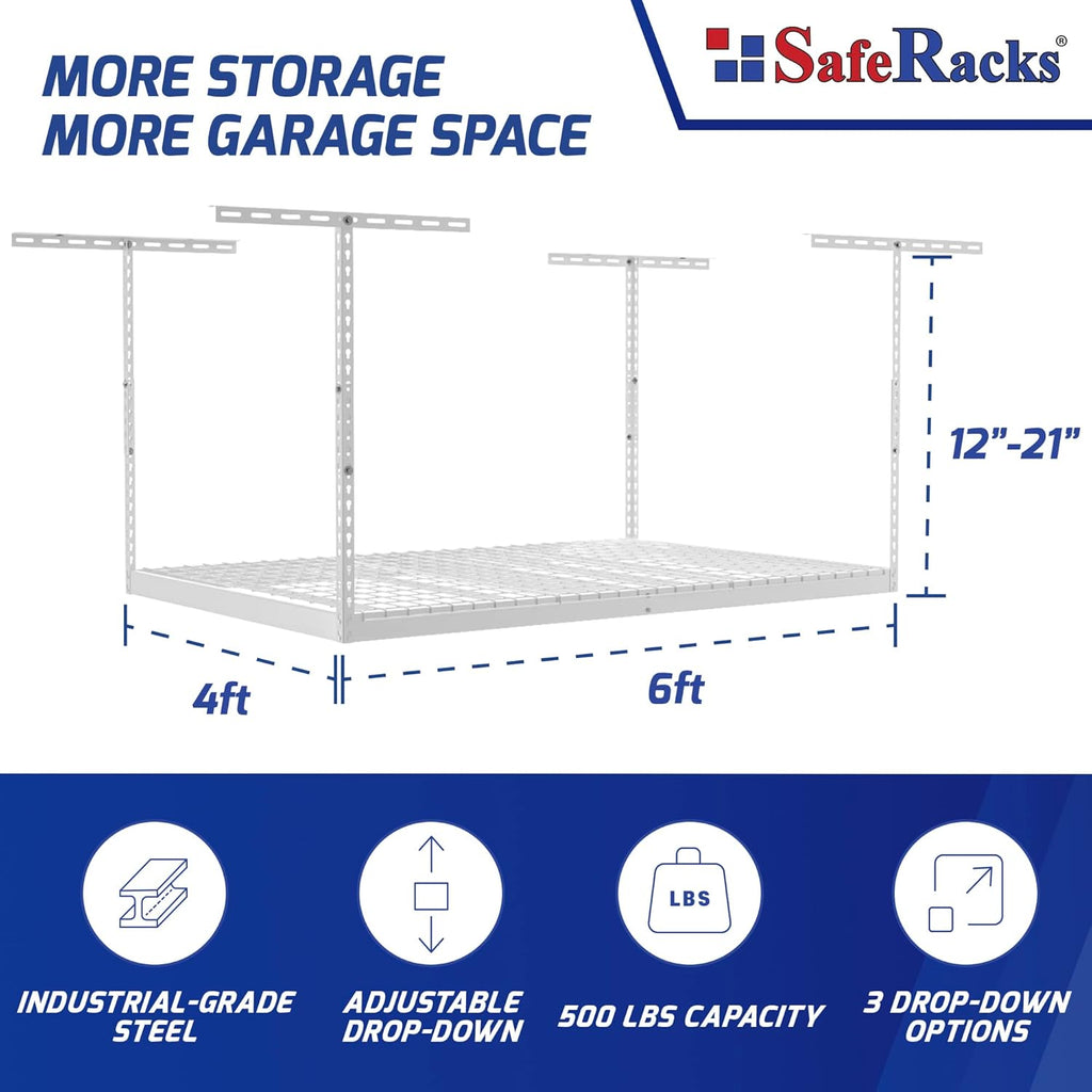 SafeRacks 4x6 Overhead Garage Storage Rack - Height Adjustable Steel Overhead Storage Rack - 500 Pound Weight Capacity (White, 24"-45")