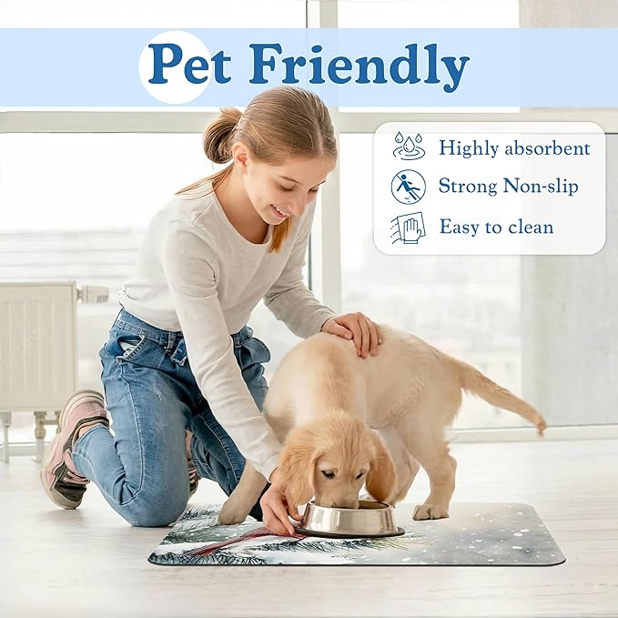 Cardinal Bird Dog Food Mat–Chirstmas Snow Absorbent Quick Dry Feeding Placemat for Food and Water Bowls, Non Slip Rubber Backing, Waterproof Pet Supplies for Mess-Free Eating 16"x24"