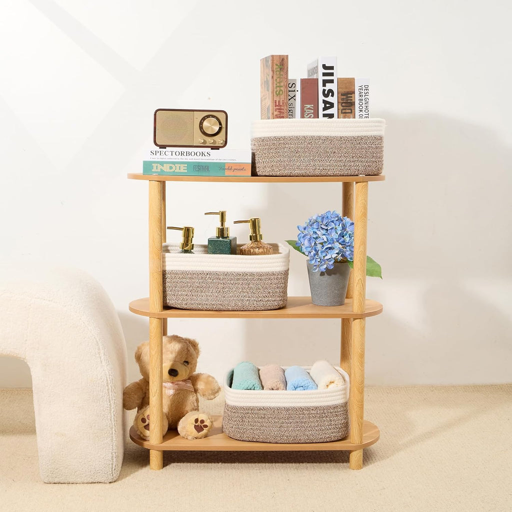 Small Storage Baskets for Organizing | Closet Organizer Bins | Shelf Toy Basket | Woven Rope Baskets | Cube Decorative Box | Shallow Basket | 13x8.5x5.1” | 4 Packs White Brown