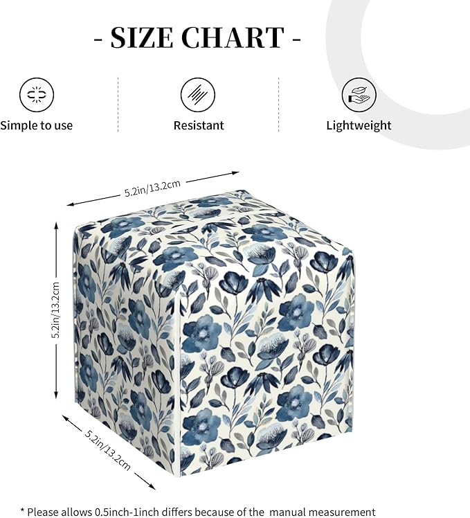 Watercolor Blue Floral Tissue Box Cover Square,Blue Flowers and Leaves Tissue Box Holder Waterproof Leather Facial Paper Organizer Dispenser for Bathroom Home Car Nightstand Vanity Desk