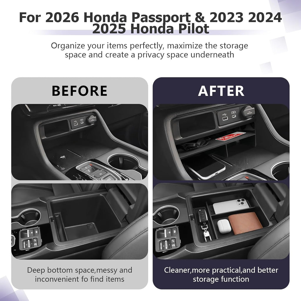 LUWU 2026 Honda Passport Accessories Compatible with 2023 2024 2025 Pilot & 2026 Passport Center Console Organizer, Armrest Storage Box Tray Organizer Insert Tray 2025 Pilot Accessories Black 2PCS