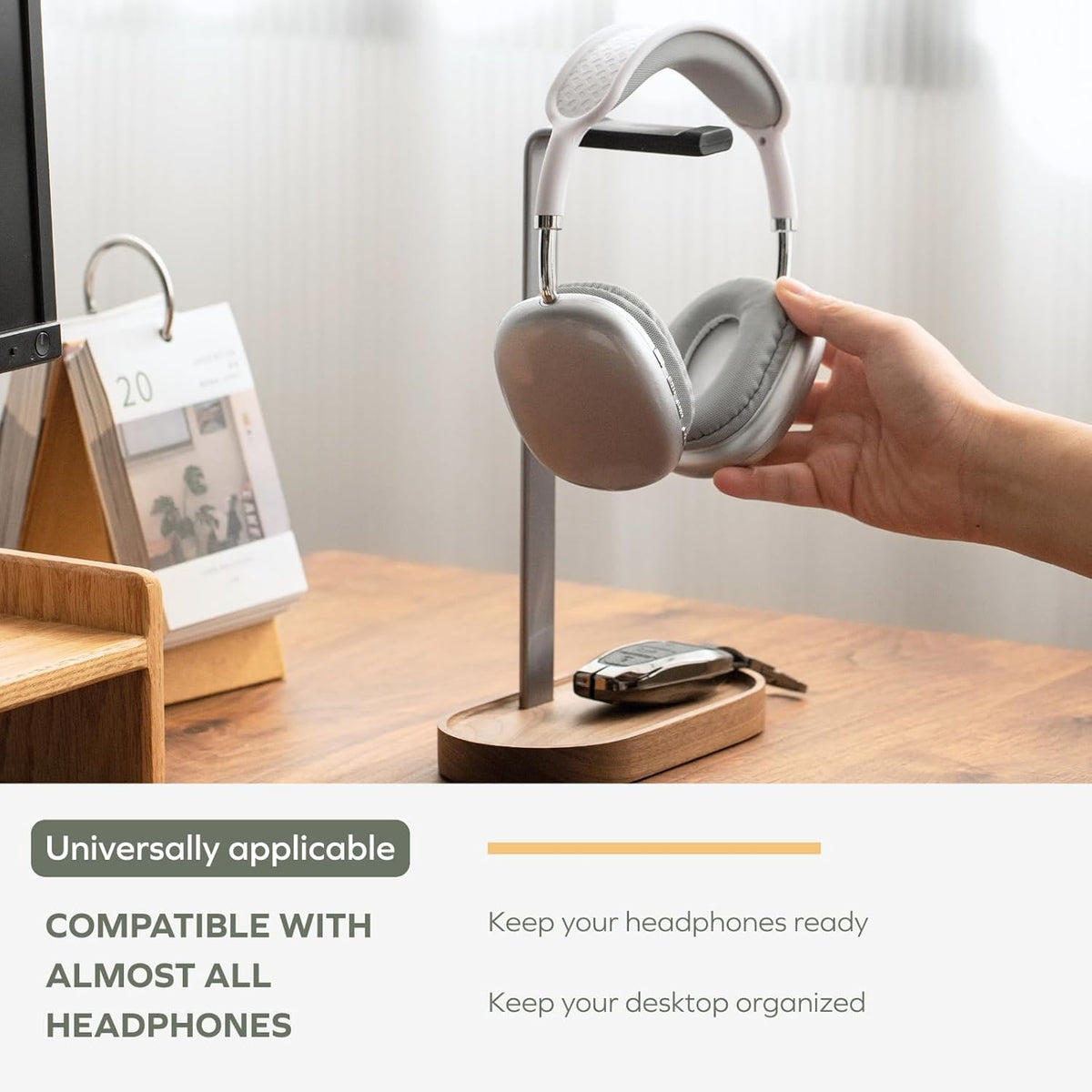 muso wood Headphone Stand & Desktop Headset Holder | Space-Saving Premium Solid Wood Storage Base for Gaming Headsets, AirPods Max, VR Gear – Modern Desktop/Workspace Essential