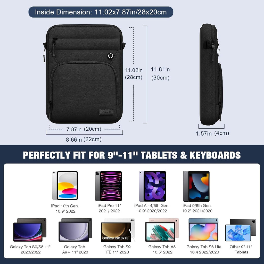 MoKo 9-11 Inch 360° Protective Tablet Sleeve Bag, Fits iPad Air M3 11, 5/4th 10.9, iPad A16 10/9/8/7th 10.2, iPadPro 11 Inch, Tab S8/S9 11, Multifunctional Bag with Shoulder and Headphone Port, Black