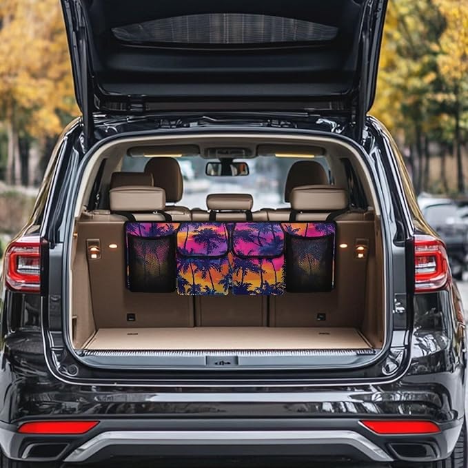 Summer Sunset Car Trunk Organizer Coconut Palm Trunk Hanging Storage Bag with Extra Storage Space for SUVs,Trucks,Vans