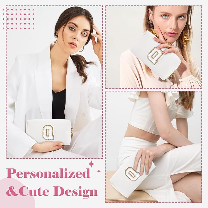 Small Personalized Initial A-Z Preppy Patch Makeup Bag,White PU Chenille Letter Travel Cosmetic Pouch with Zipper,Cute Toiletry Bag,Gift Ideal for Teen Girls Women Teacher Bridesmaid,Letter Q