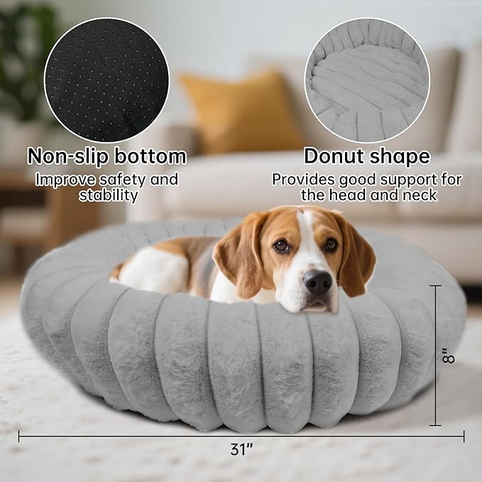 Vhen When Donut Dog and Cat Bed, Luxurious Comfortable Faux Rabbit Fur Pet Beds, Round Anti-Anxiety Calming Puppy Kitten Bed with Anti-Slip Bottom for Small Medium Dogs & Cats(31", Grey)