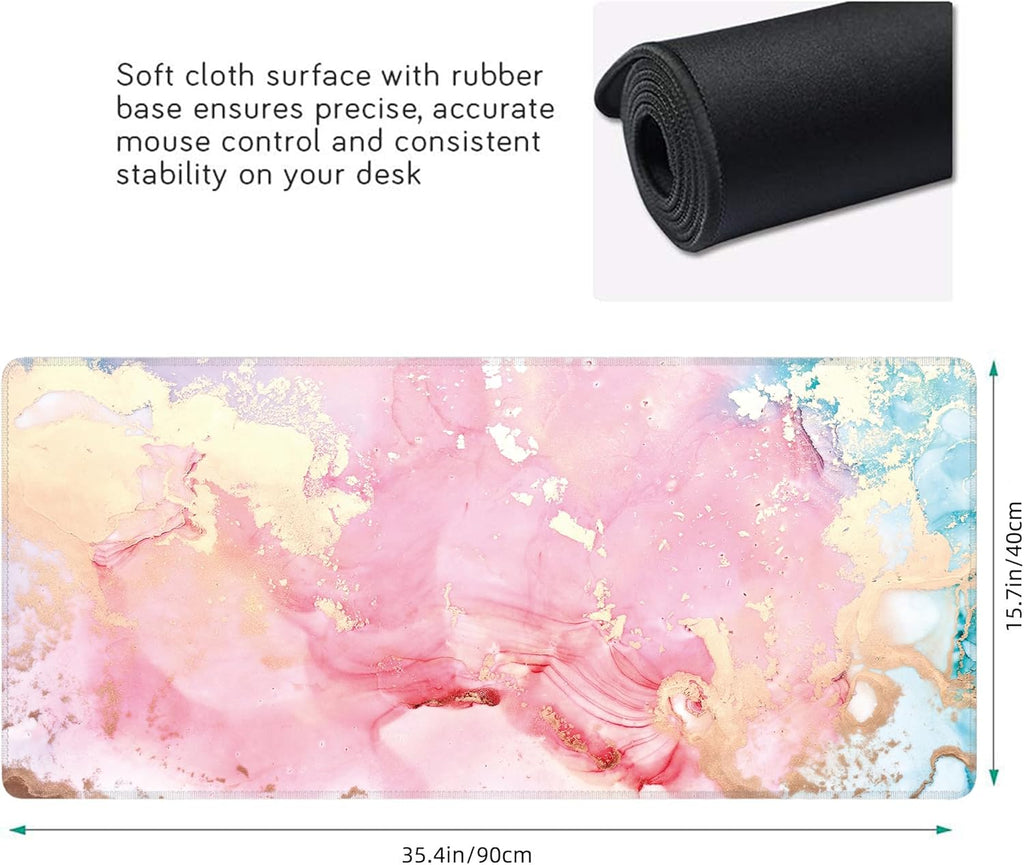 Cute Pink Marble Large Mouse Pad,Gaming Keyboard Desk Pad,Extended Mouse Mat Non-Slip Rubber Base with Stitched Edges for Office Game Home XXL 35.4"x15.7"