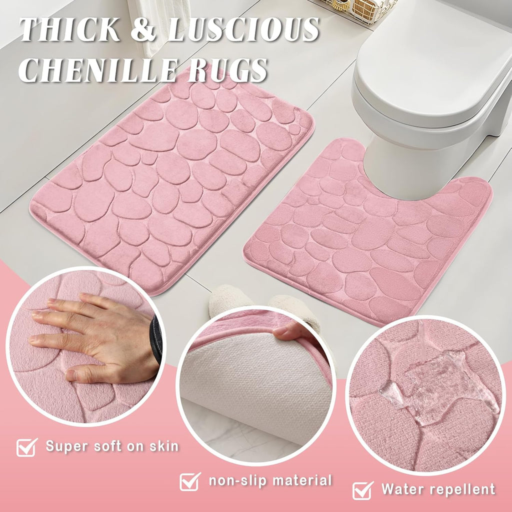 Bathroom Accessories Set- 25PC White Bathroom Set, Bathroom Set with Shower Curtain and Rugs, Pink Shower Curtain Set, Soap Dish & Trash Can