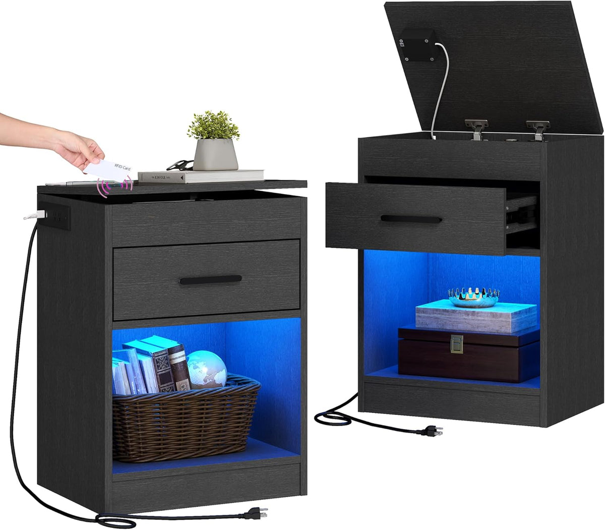 Auromie Set of 2 Nightstand with Charging Station and LED Lights, Bedside Table with Hidden Compartment for Valuables Storage, Concealment Furniture with Lock Cabinet and Power Outlets(Black- 2pcs)