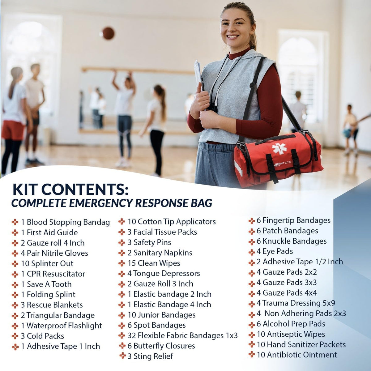 MFASCO Comprehensive School Classroom First Aid Kit - Red First Aid Trauma Bag - Emergency Bag with 200+ Supplies for First Responder - Economical for Schools & Groups - 10.5 x 7 x 7.5