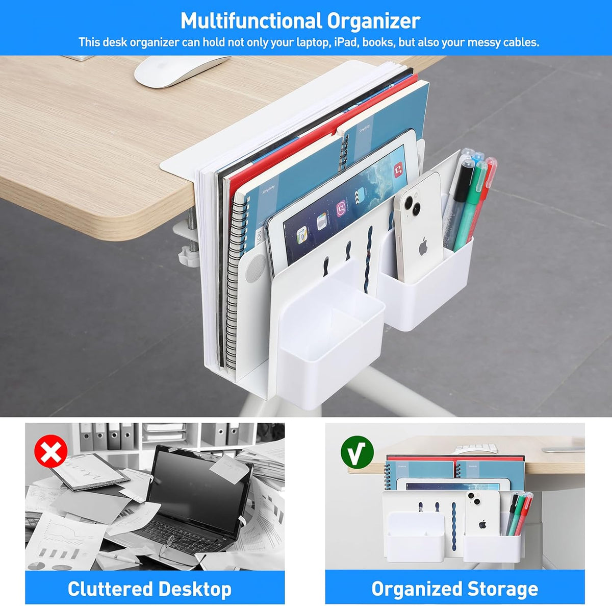 MAXECHO Desk Side Storage, Under Desk Laptop Mount, Table Side Hanging File Organizer, No Drill Clamp On Cable Management Tray, Laptop Holder with Magnetic Pen Holder for Office and Home, Load 22 Lbs