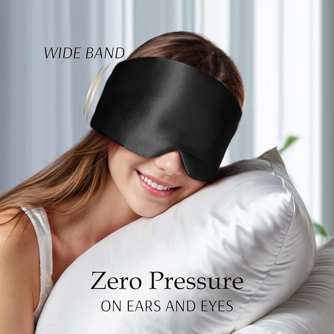 Zenssia 100% Mulberry Silk Sleep Mask Eye Mask for Man and Woman with Adjustable Headband, Full Size Large Sleep Mask & Blindfold for Total Blackout for All Night Sleep, Travel & Nap- Black