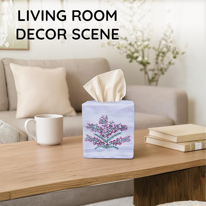EmbroideryLinen.VN Tissue Box Cover Set of 2, Square Linen Tissue Holder, French Knot Hand Embroidered Floral Design, 4.5x4.5x5.5 Inches, Decorative Holder for Bathroom, Living Room, Office (White)