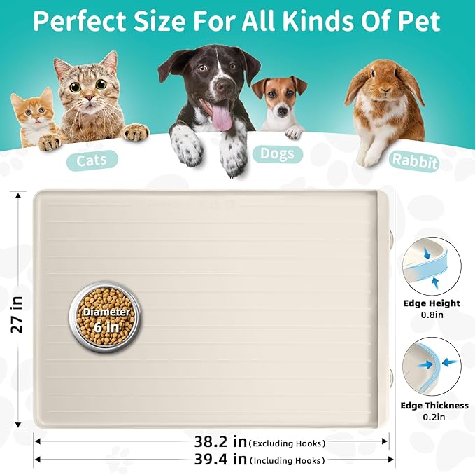 Dog Mat for Food and Water - 39.4" x 27" Large Pet Feeding Mats with Residue Collection Pocket - Waterproof Dog Cat Bowl Mat with High Edges to Prevent Water and Food Spills (Cream)