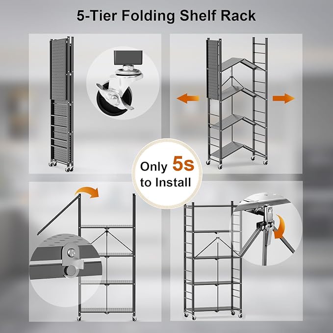 Himix Storage Shelves with 20 Hooks, 5-Tier Foldable Shelves