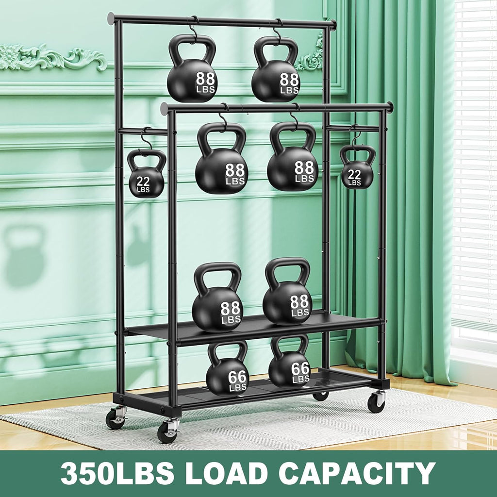 Double Rods Clothes Rack for Hanging Clothes, Heavy Duty Rolling Clothing Rack with Wheels, Freestanding Garment Racks with Oxford Bottom Shelf and Mesh Bottom Shelf for Bedroom Laundry Living Room