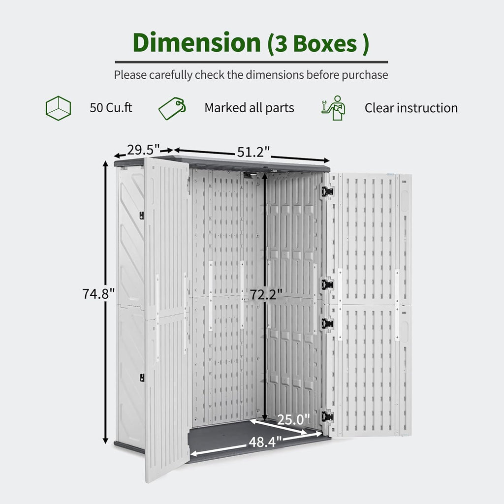 Macrout 50 Cu.Ft Plastic Outdoor Storage Cabinet with Floor, 4.3 x 2.5 ft Waterproof Resin Outdoor Storage Shed, Lockable Vertical Shed for Garden and Patio
