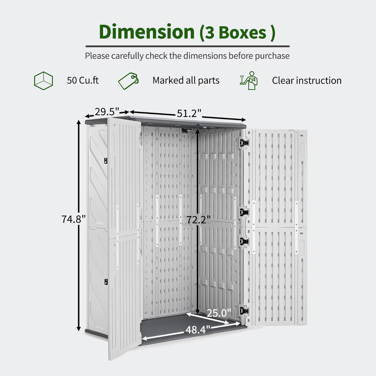 Macrout 50 Cu.Ft Plastic Outdoor Storage Cabinet with Floor, 4.3 x 2.5 ft Waterproof Resin Outdoor Storage Shed, Lockable Vertical Shed for Garden and Patio