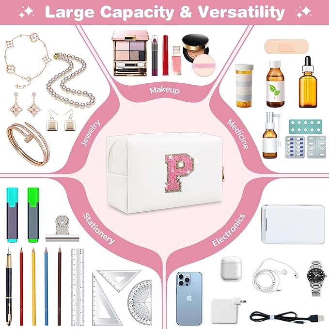 Small Initial Patch Makeup Bag Personalized Gifts Make Up Bag,White Cute PU Leather Glitter Letter Cosmetic Bag with Zipper,Trendy Portable Travel Toiletry Pouch,Preppy Stuff for Teen Girls Women P
