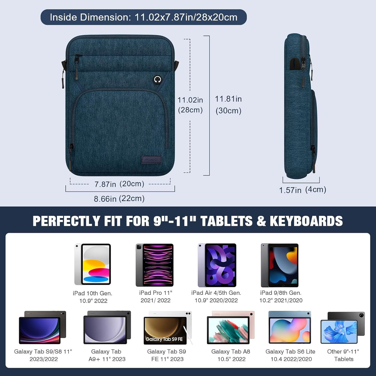 MoKo 9-11 Inch Tablet Sleeve Bag, Fits iPad Air/Pro 11 inch, iPad 10th Gen 10.9, Tab S9 11, Multifunctional Bag with Shoulder and Headphone Port, Indigo
