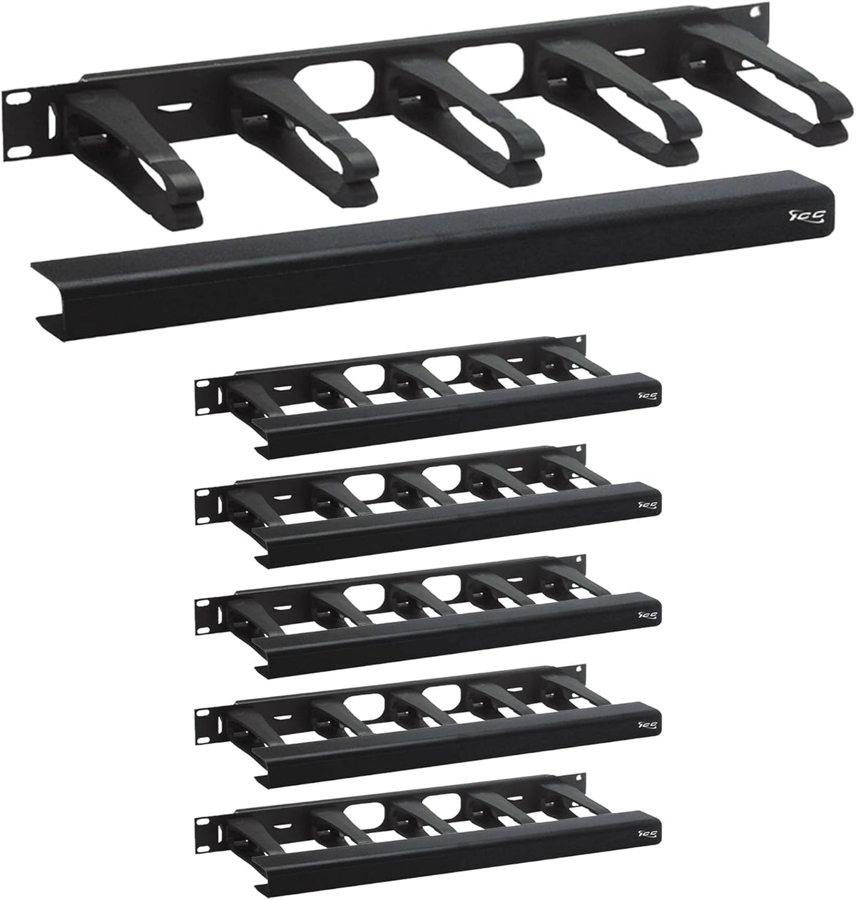 ICC 1U Ring Cable Manager Panel with Cover, Plastic with Metal Back Frame, 4" D-Rings, Horizontal Cable Management, Rackmount for 19” Network Racks, Black, 6-Pack
